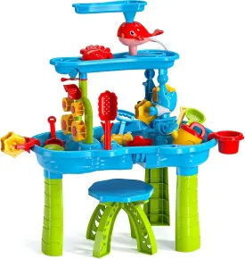2025 Upgraded 3-Tier Water Table with Chair  Kids Outdoor Sensory Play Table for Backyard or Beach Fun, Boys & Girls