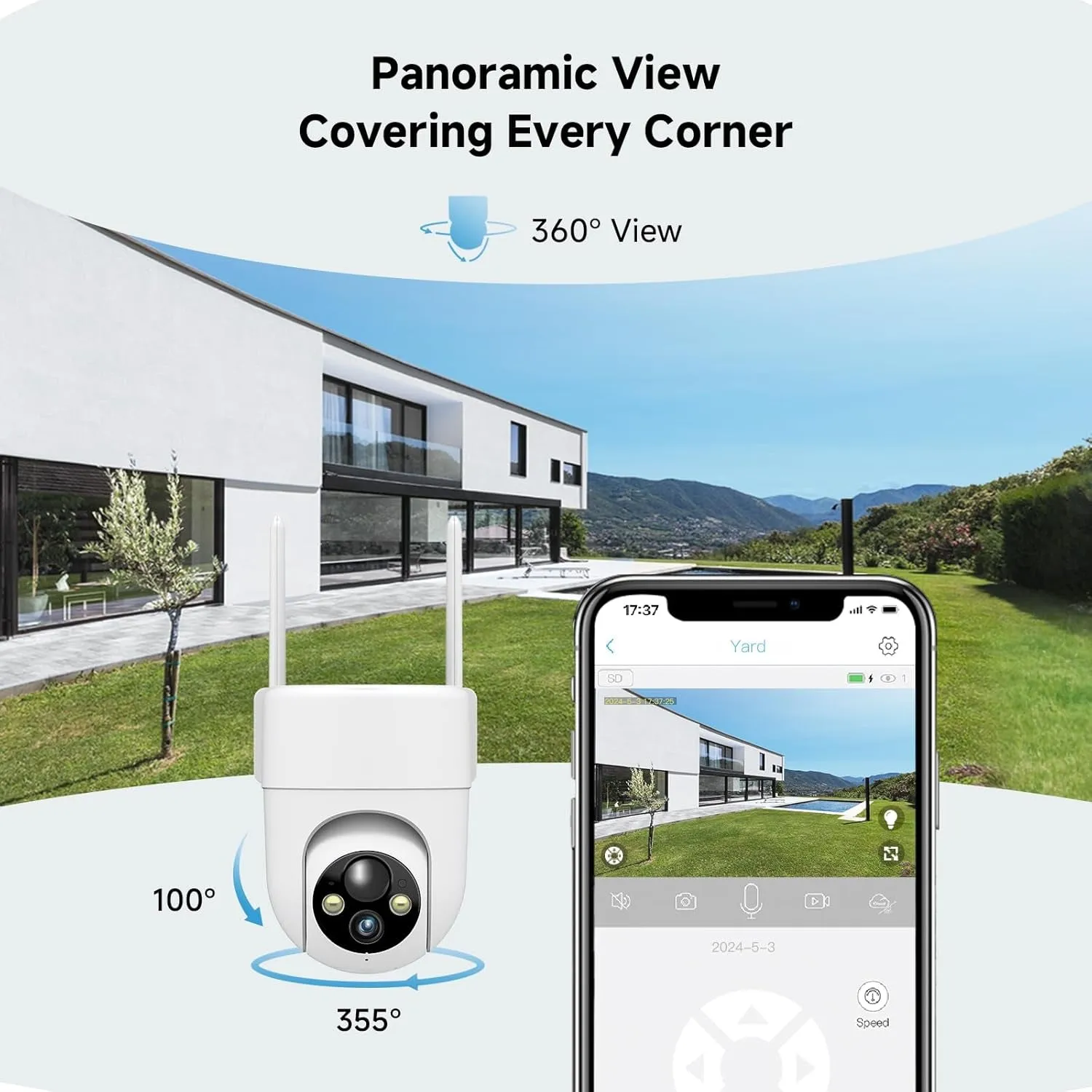 2K Solar Security Cameras Wireless Outdoor, 2PCS Outdoor Camera Wireless with 360° View, Cameras for Home Security with Color Night Vision/2-Way Audio, 2.4Ghz Wi-Fi Only