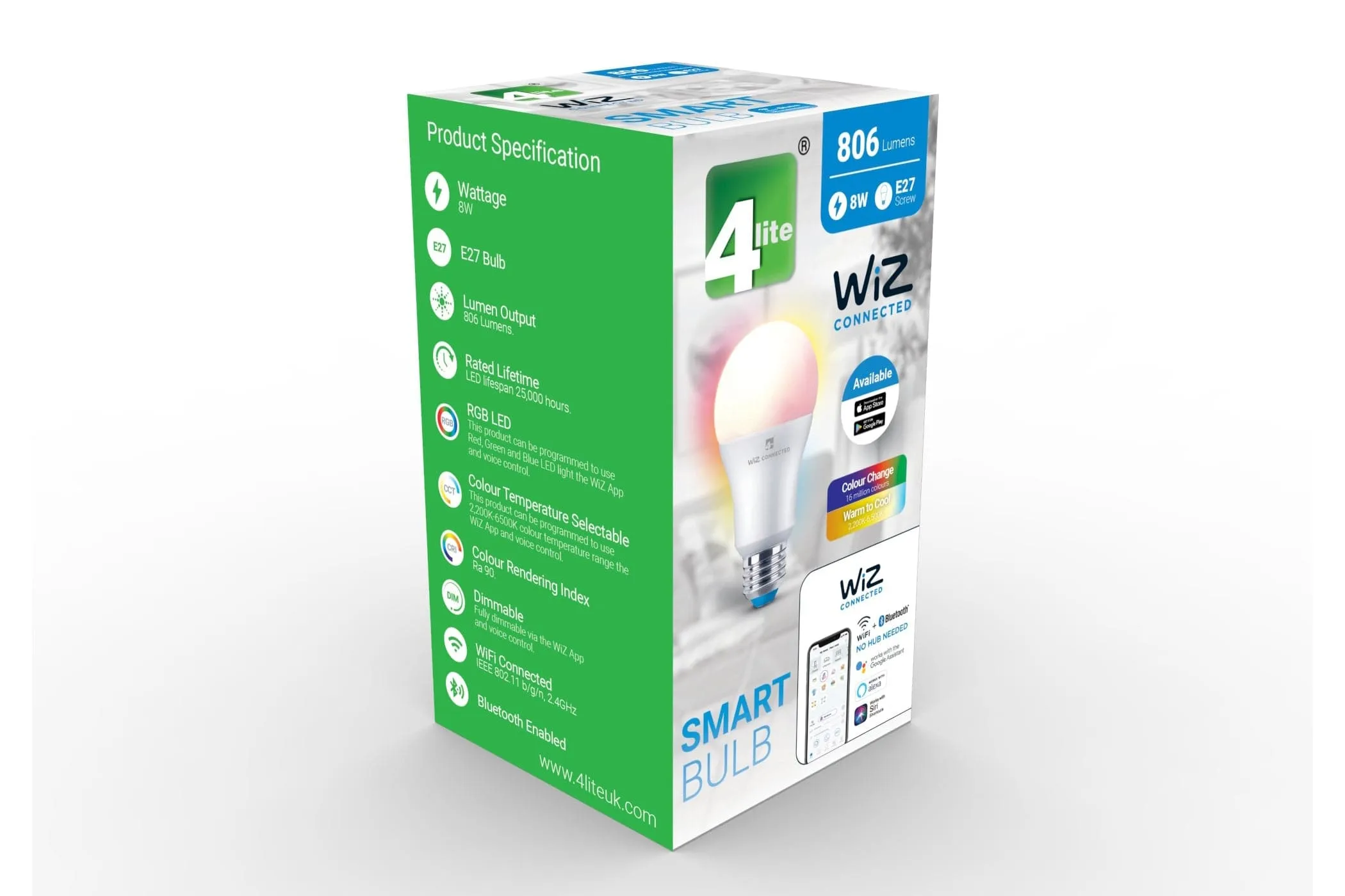 4lite WiZ Connected A60 Dimmable Multicolour WiFi LED Smart Bulb - E27 Large Screw