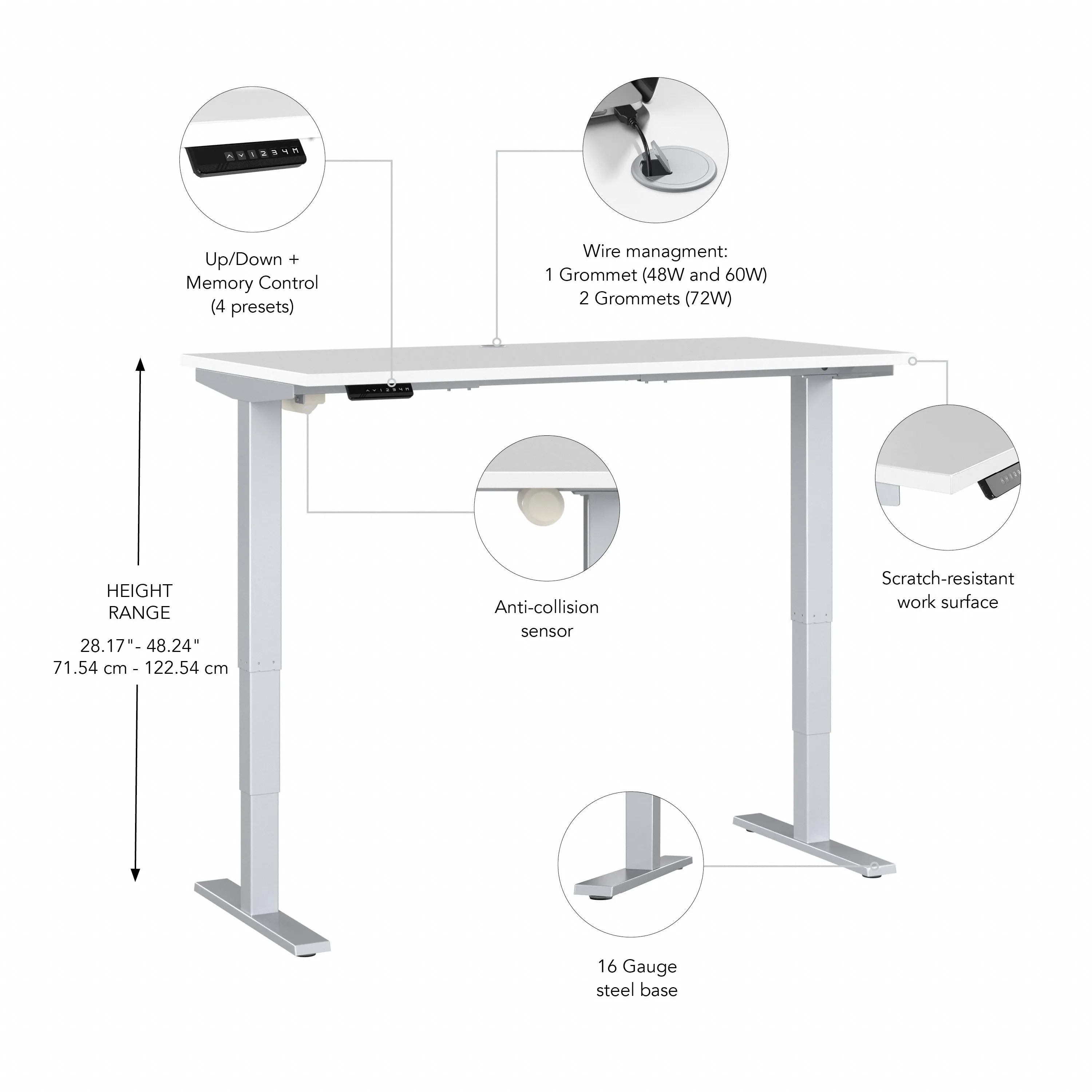 72" Standing Office Desk in White with Metallic Base