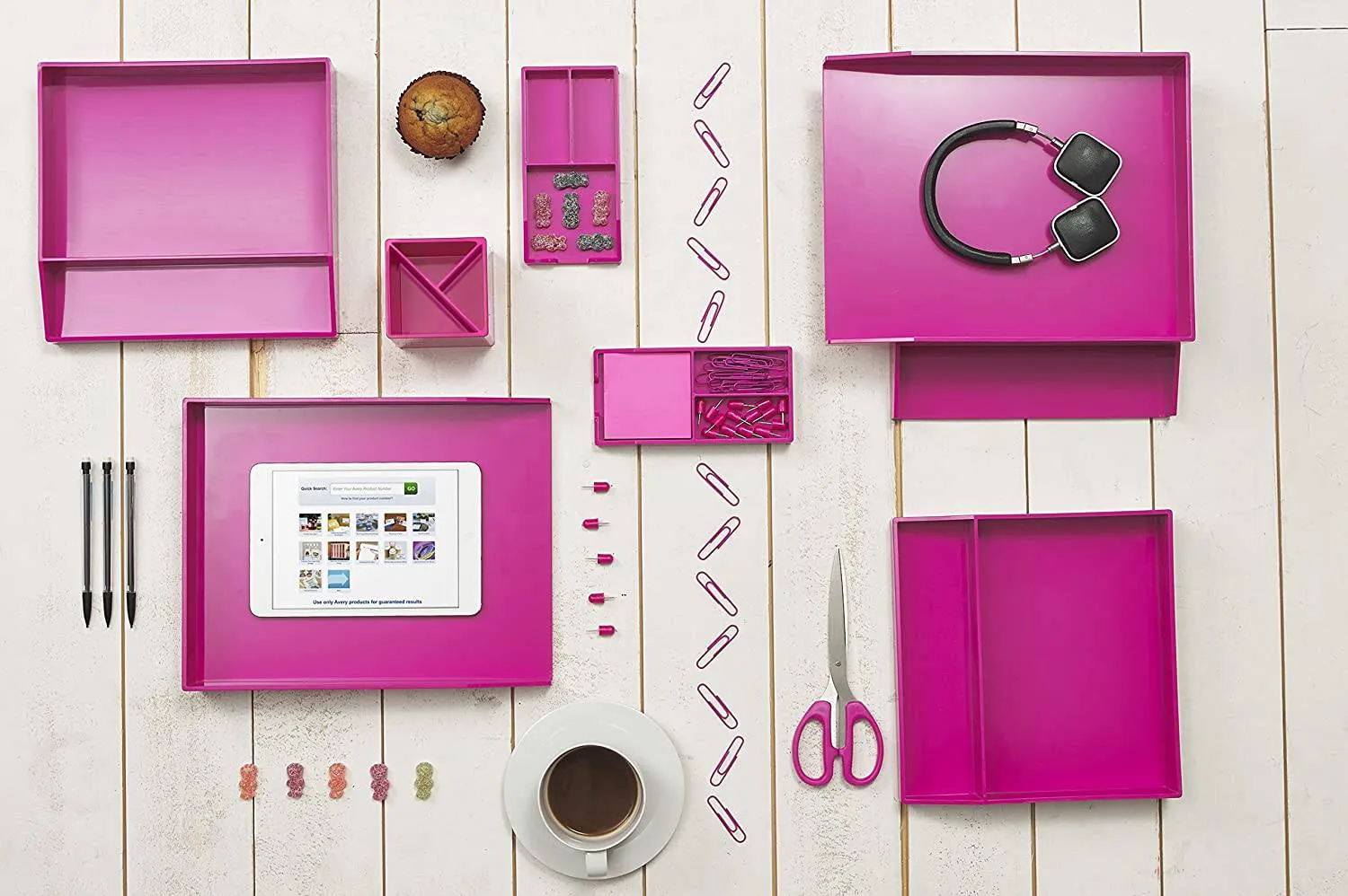 All in One Office Desk Organizer 3 Trays Scissors Sticky Notes 260x55x320 Pink