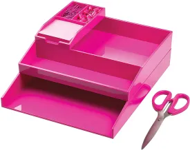 All in One Office Desk Organizer 3 Trays Scissors Sticky Notes 260x55x320 Pink