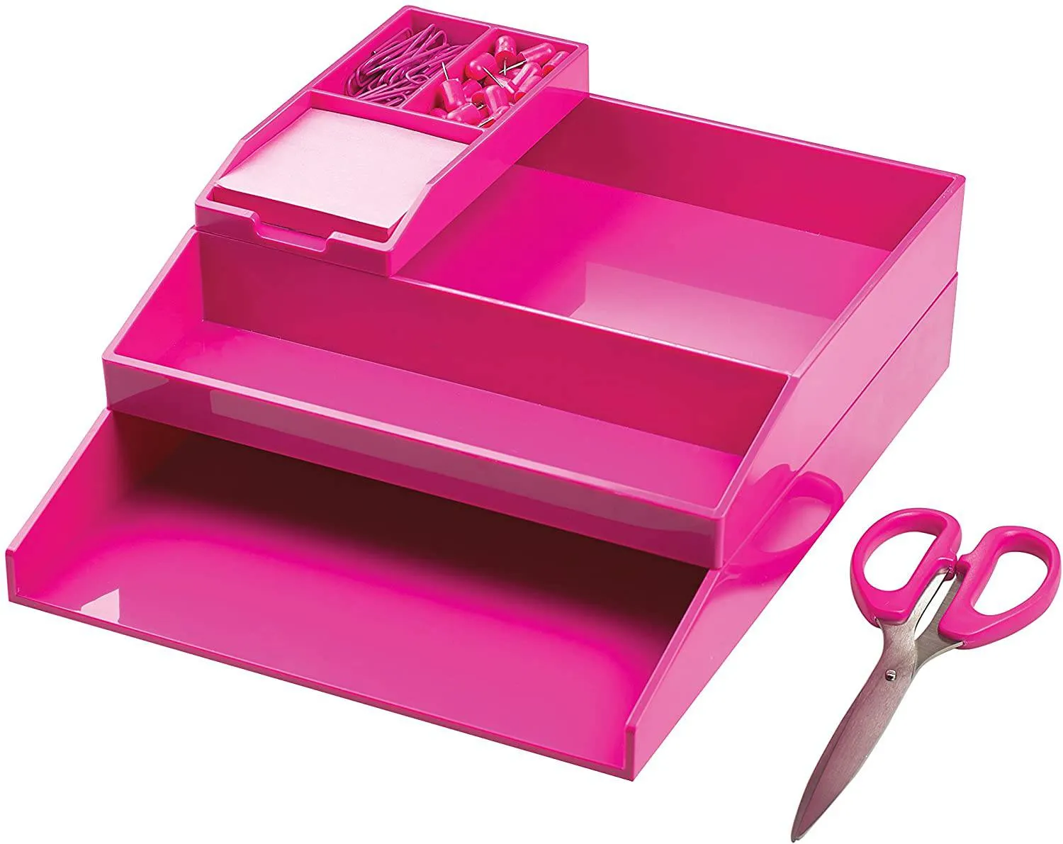 All in One Office Desk Organizer 3 Trays Scissors Sticky Notes 260x55x320 Pink