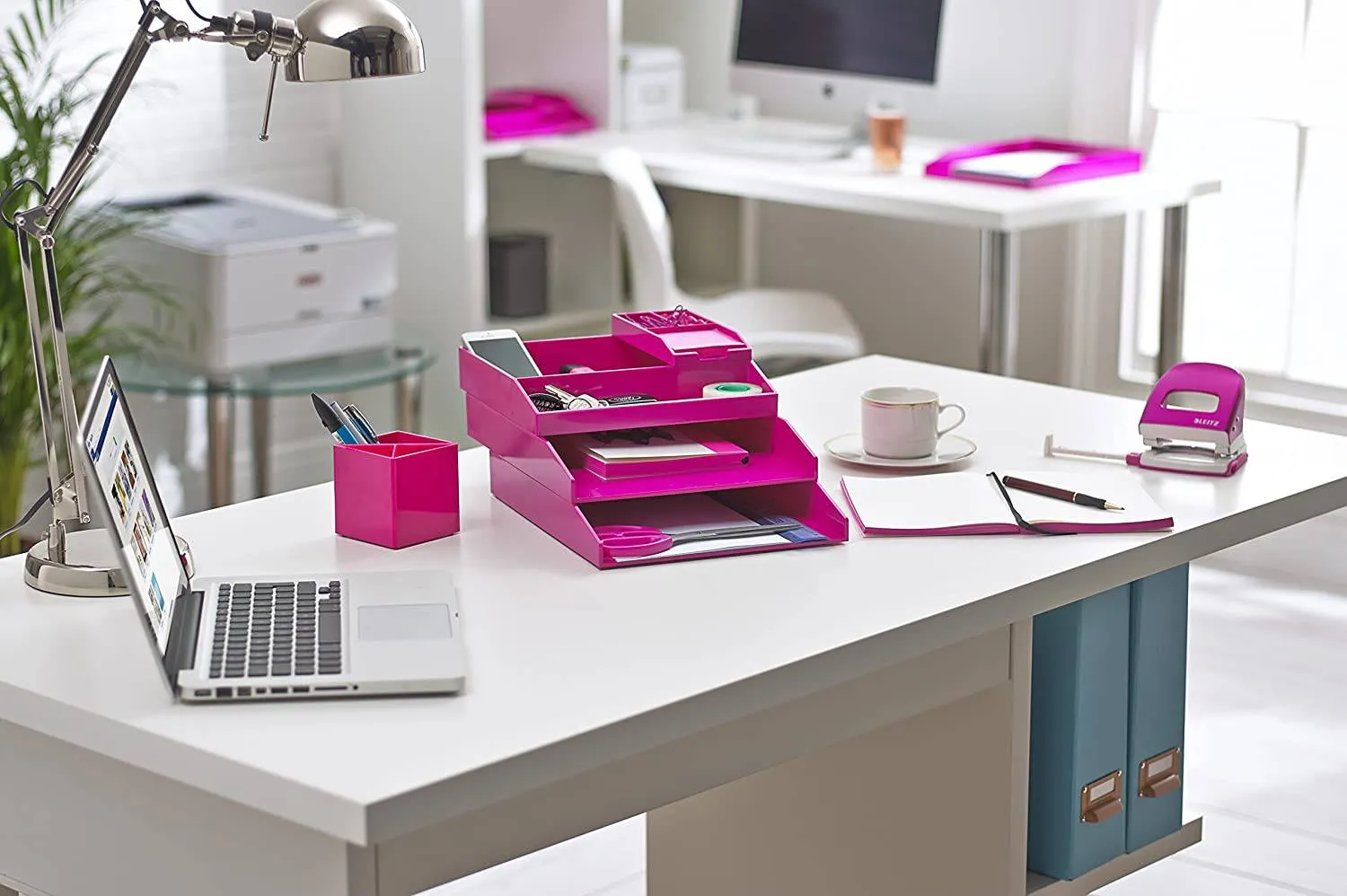 All in One Office Desk Organizer 3 Trays Scissors Sticky Notes 260x55x320 Pink