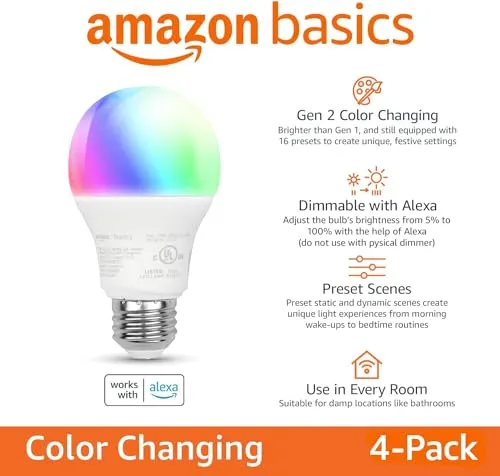 Amazon Basics Smart A19 LED Light Bulb, Color Changing, 9W (60W Equivalent), 800LM, Works with Alexa Only, 2.4 GHz Wi-Fi, No Hub Required, 4-Pack