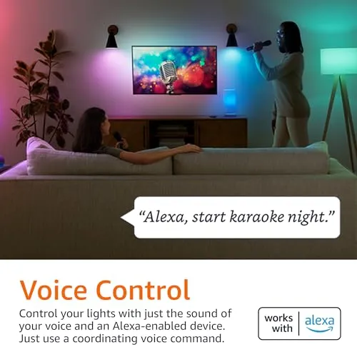 Amazon Basics Smart A19 LED Light Bulb, Color Changing, 9W (60W Equivalent), 800LM, Works with Alexa Only, 2.4 GHz Wi-Fi, No Hub Required, 4-Pack