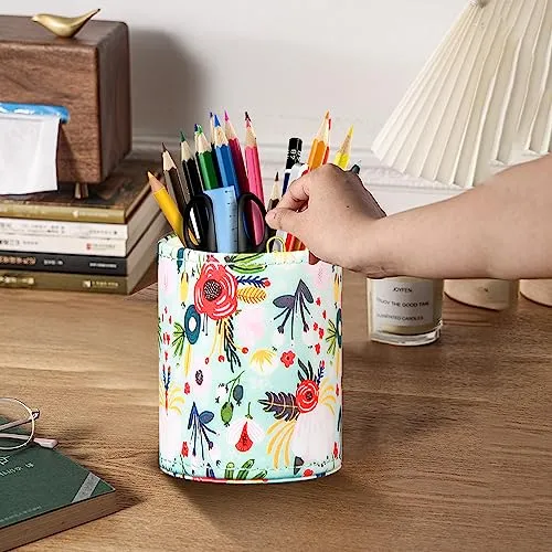 BIBELUN Pen Holder for Desk Cute, Desk Organizers and Workspace Accessories Storage, Pencil Holder Cup for Makeup Brush/Art Supplies/Stationery, Decorative Aesthetic Office Organization, PU Leather