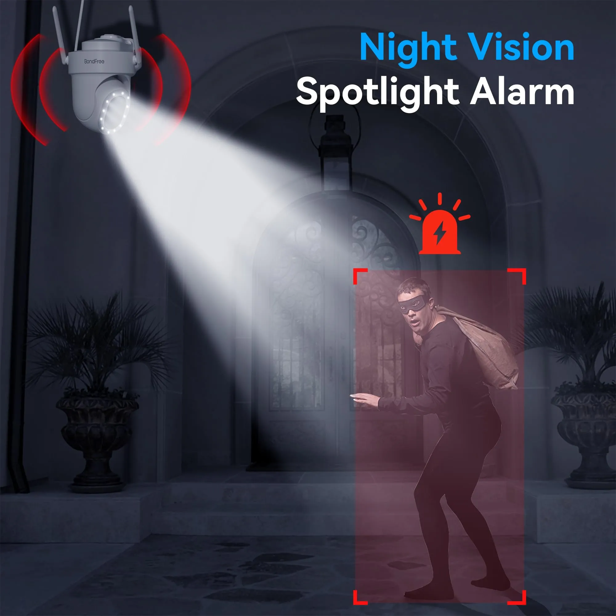 BondFree 2K Solar Security Cameras Wireless Outdoor with 14 Spotlights, IP65 Waterproof, Night Vision,Alarm, 2-Way Audio, PIR Detection, 2.4GWiFi Security Camera Works with Alexa Google Assistant