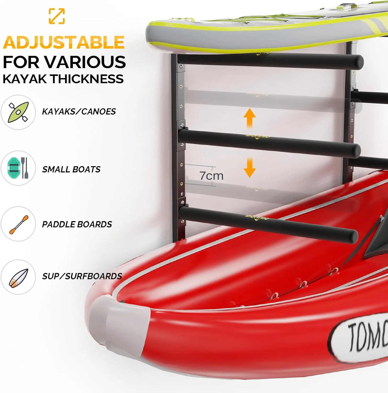 Bonnlo Kayak Storage Rack, Adjustable Heavy Duty Kayak Rack for Kayaks Paddle Boards, Kayak Paddle Holder for Garage, Spacesaver, Gentle on Padding, Boat Organizer