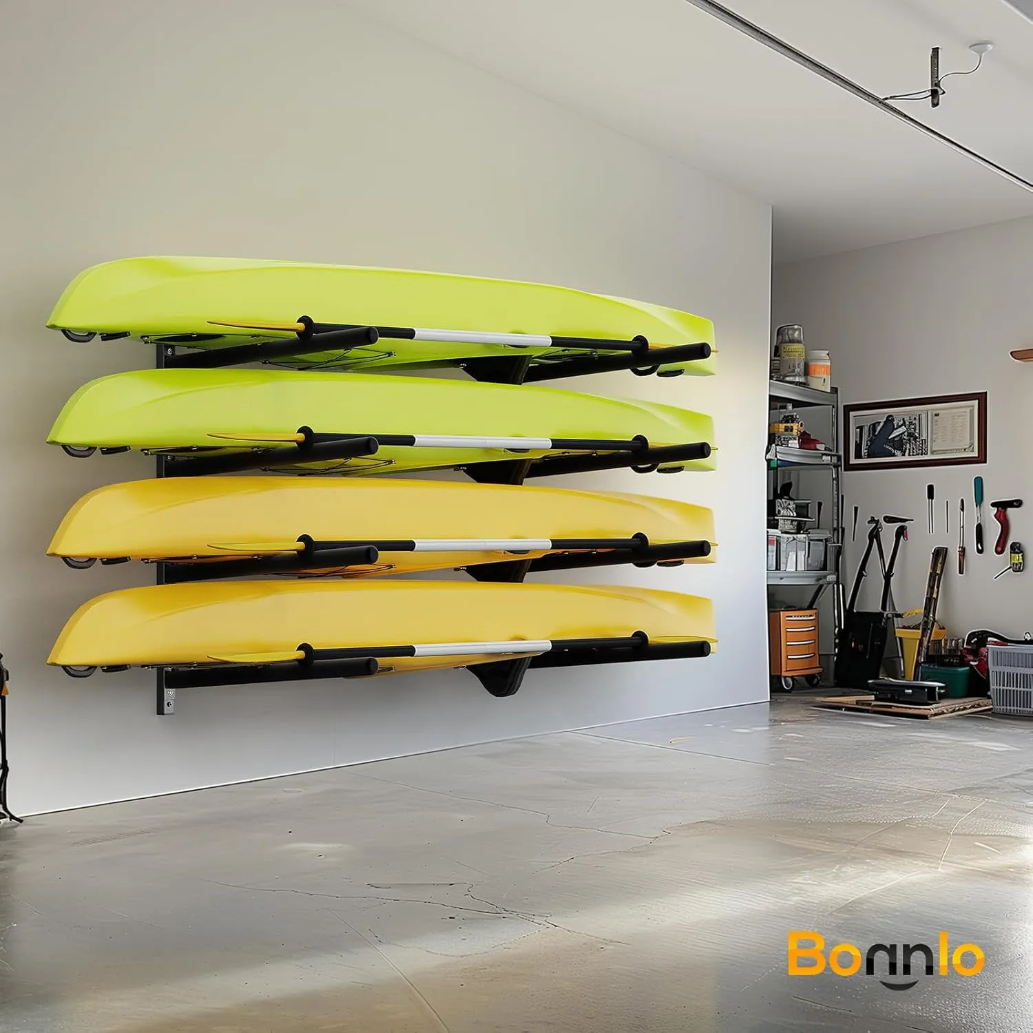 Bonnlo Kayak Storage Rack, Adjustable Heavy Duty Kayak Rack for Kayaks Paddle Boards, Kayak Paddle Holder for Garage, Spacesaver, Gentle on Padding, Boat Organizer