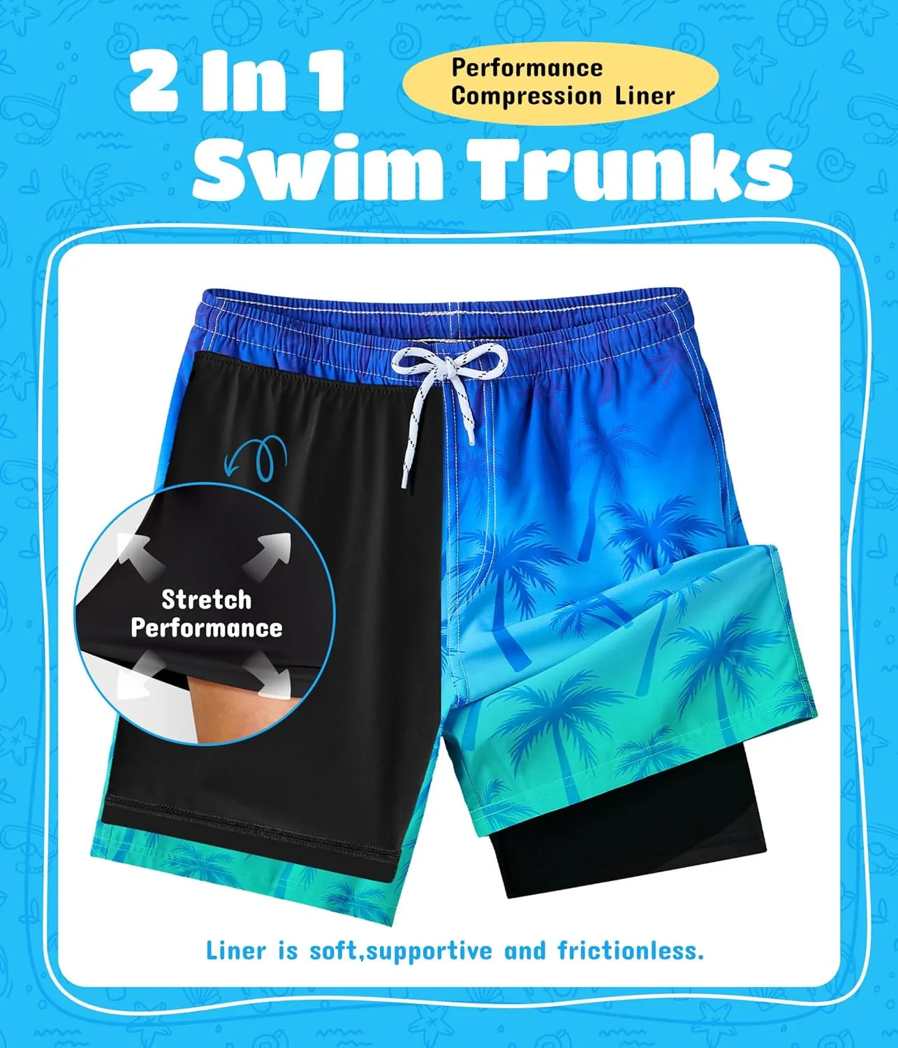 Boys Swim Trunks with Compression Liner Quick Dry Swim Shorts Summer Beach Shorts