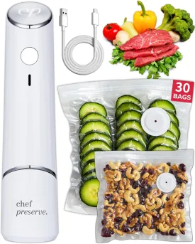 Chef Preserve Compact Vacuum Sealer for Food (Vacuum Sealer Machine   30 Reusable Vacuum Bags) Powerful Handheld Vacuum Sealer Machine, Seal Meal Saver, Portable Food Sealer