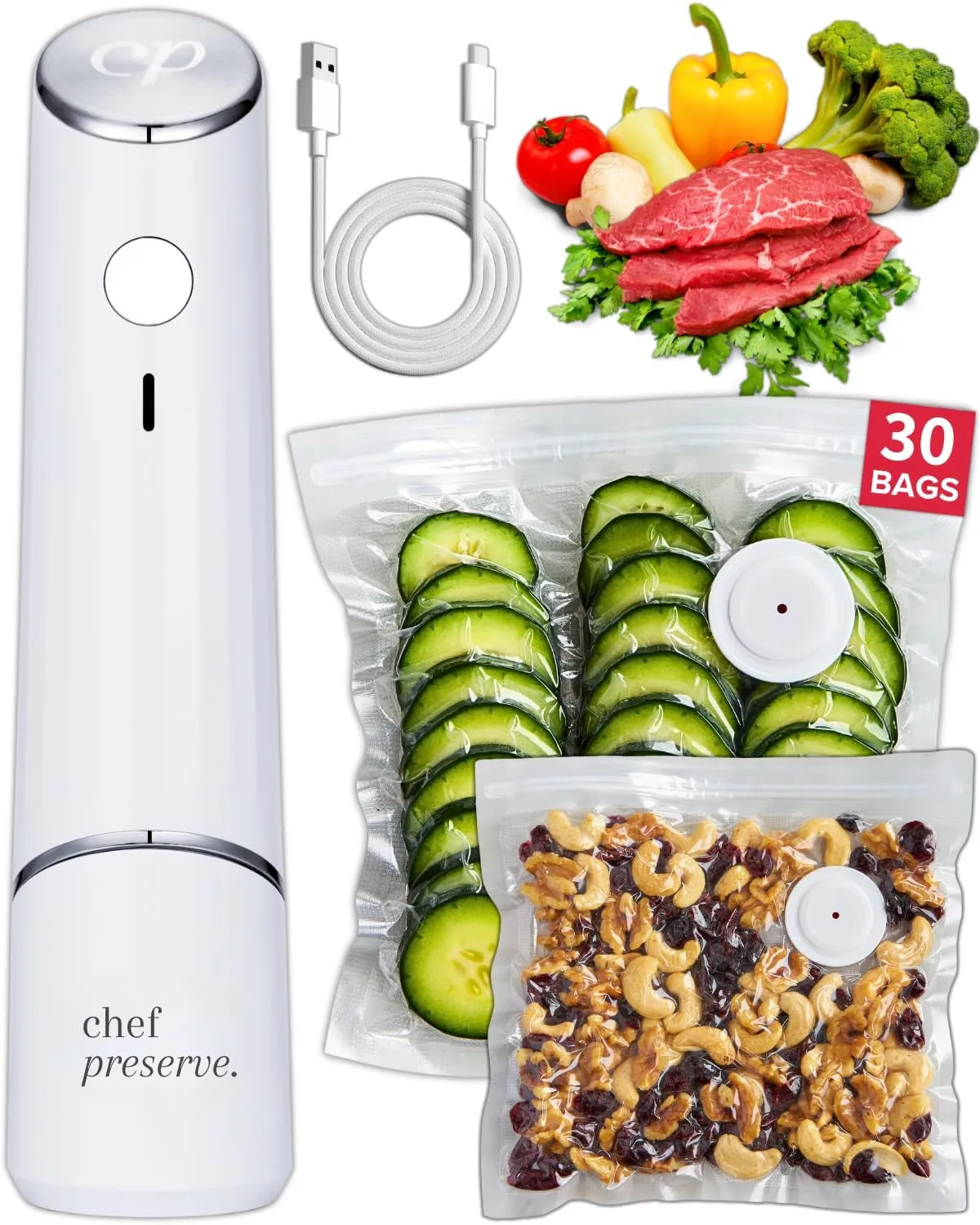 Chef Preserve Compact Vacuum Sealer for Food (Vacuum Sealer Machine   30 Reusable Vacuum Bags) Powerful Handheld Vacuum Sealer Machine, Seal Meal Saver, Portable Food Sealer