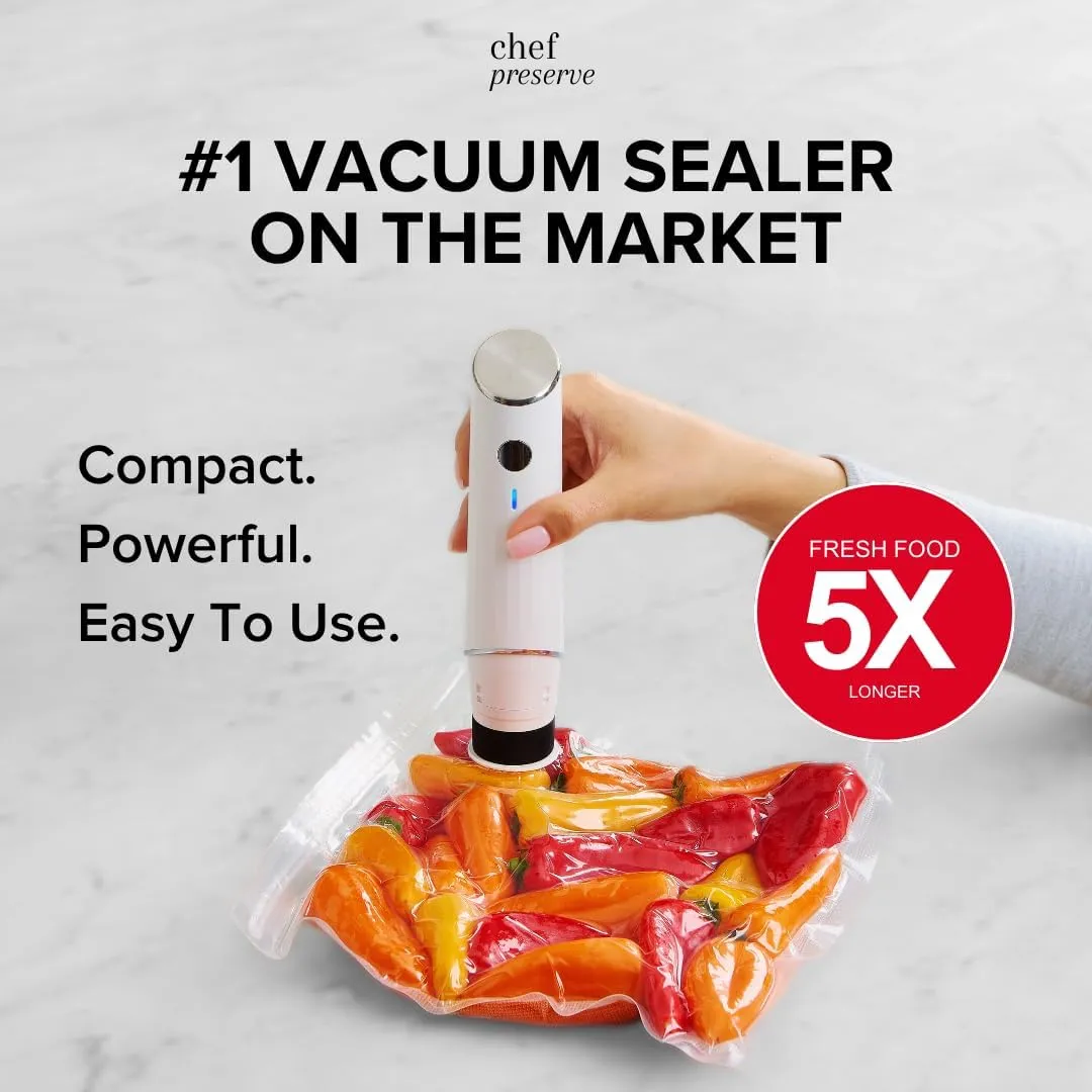 Chef Preserve Compact Vacuum Sealer for Food (Vacuum Sealer Machine   30 Reusable Vacuum Bags) Powerful Handheld Vacuum Sealer Machine, Seal Meal Saver, Portable Food Sealer