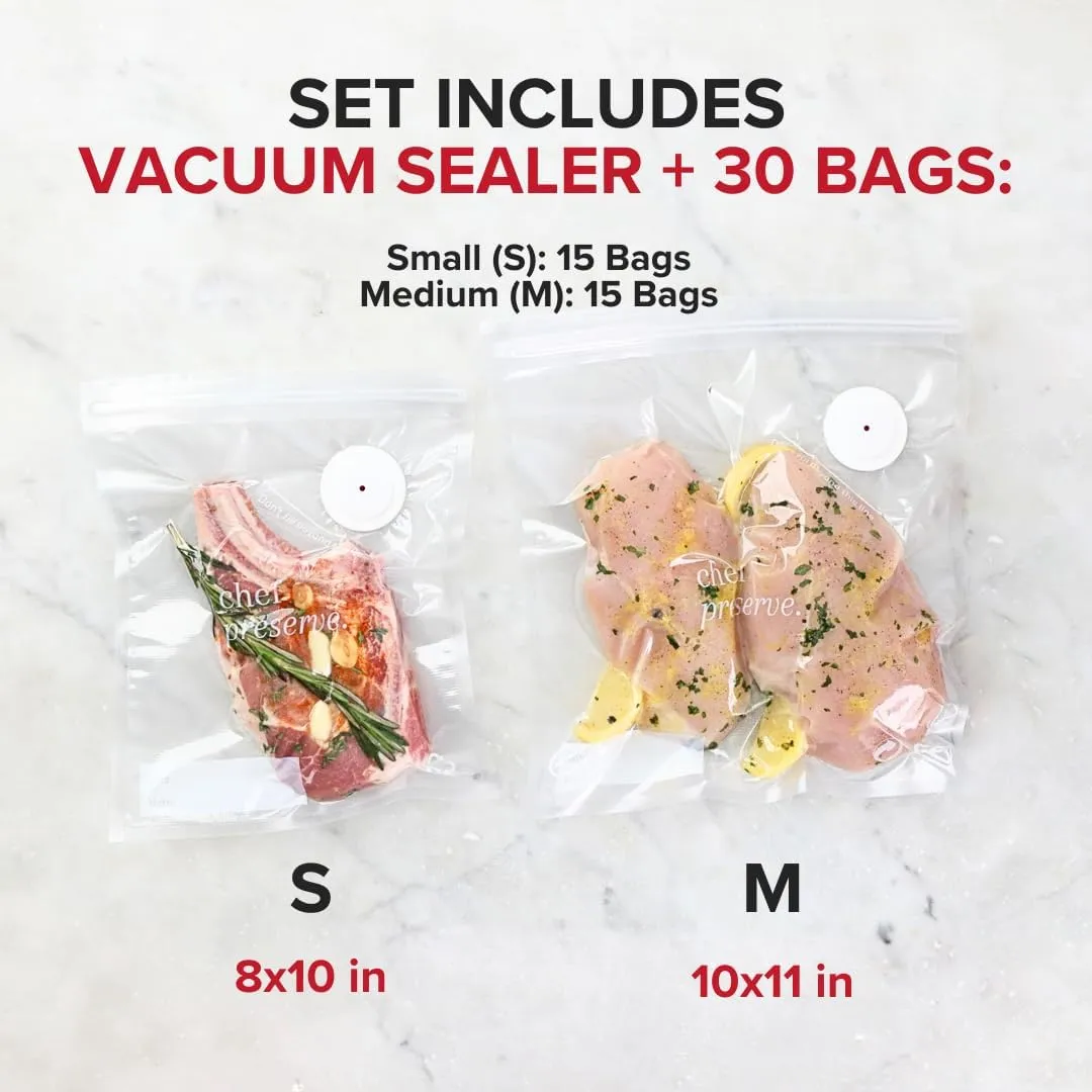 Chef Preserve Compact Vacuum Sealer for Food (Vacuum Sealer Machine   30 Reusable Vacuum Bags) Powerful Handheld Vacuum Sealer Machine, Seal Meal Saver, Portable Food Sealer