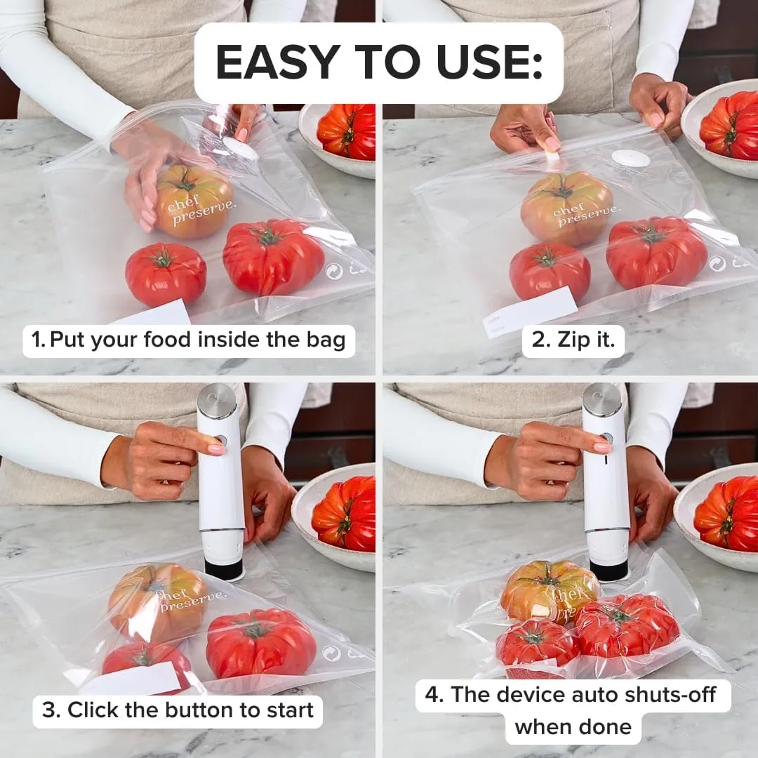 Chef Preserve Compact Vacuum Sealer for Food (Vacuum Sealer Machine   30 Reusable Vacuum Bags) Powerful Handheld Vacuum Sealer Machine, Seal Meal Saver, Portable Food Sealer
