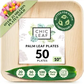 Chic Leaf Palm Leaf Disposable Bamboo Plates - Square Party Plates for Weddings, Parties, Event Appetizers - Biodegradable & Compostable - Party Supplies (10", 50 Pack)