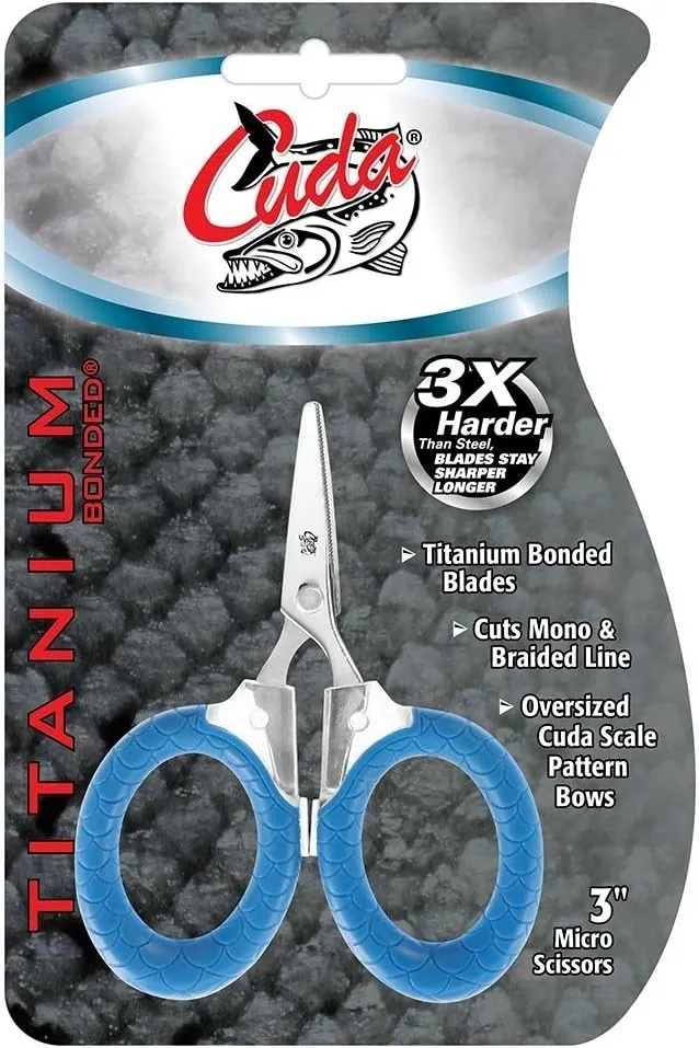 CUDA 3" Micro Scissors Durable Fishing Braid, Mono & Fluorocarbon Cutter for Saltwater & Freshwater with Dual Serrated Blades & Oversized Non-Slip Comfort Bows