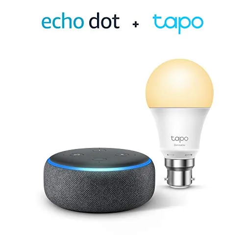 Echo Dot (3rd generation), Charcoal Fabric   TP-Link Tapo smart bulb (B22), Works with Alexa
