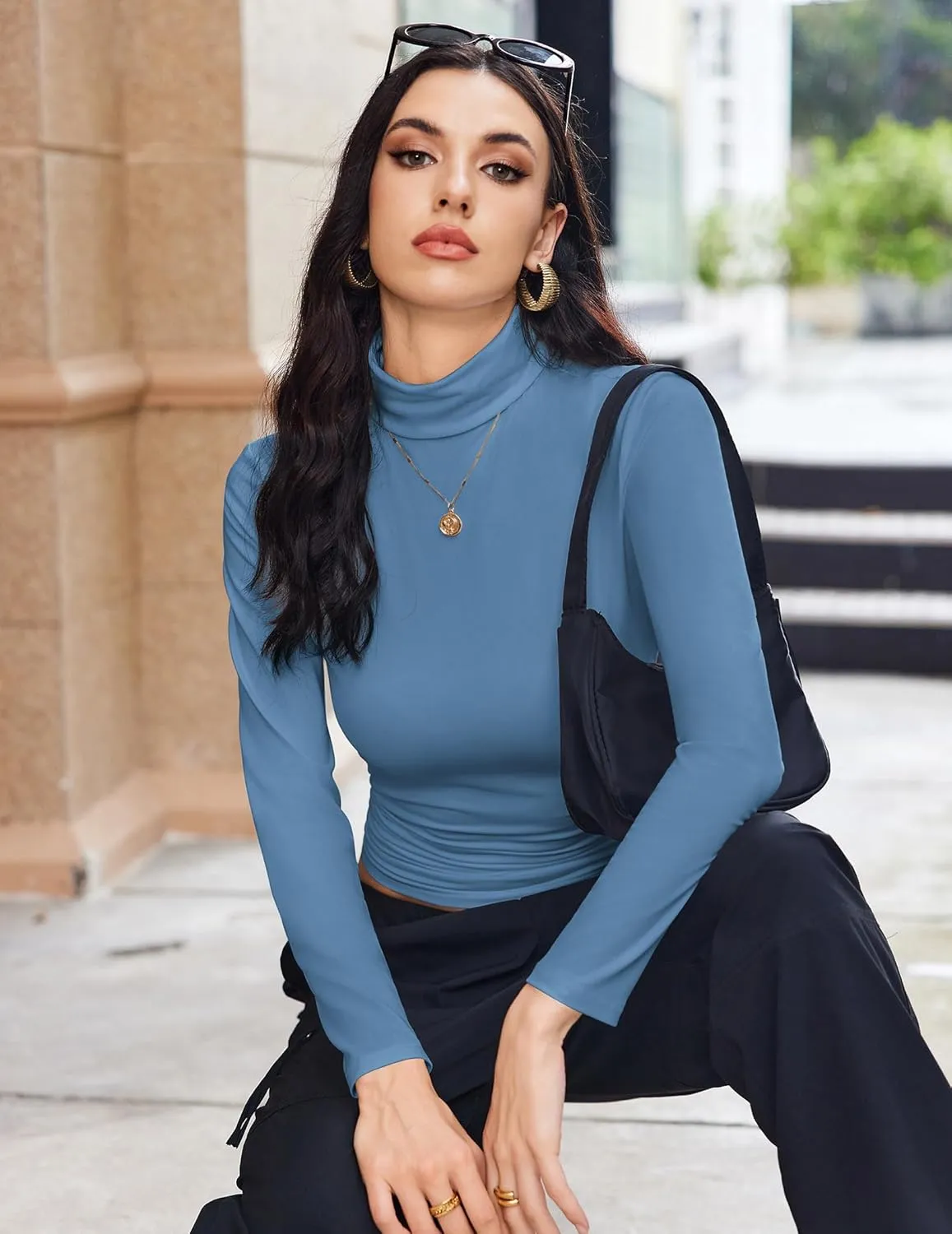 Ekouaer Women's Turtleneck Long Sleeve Shirts Fall Fashion Lightweight Base Layer Solid Slim Fit Thermal Underwear Tops