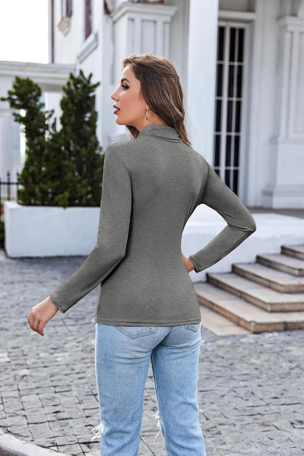 Ekouaer Women's Turtleneck Long Sleeve Shirts Fall Fashion Lightweight Base Layer Solid Slim Fit Thermal Underwear Tops