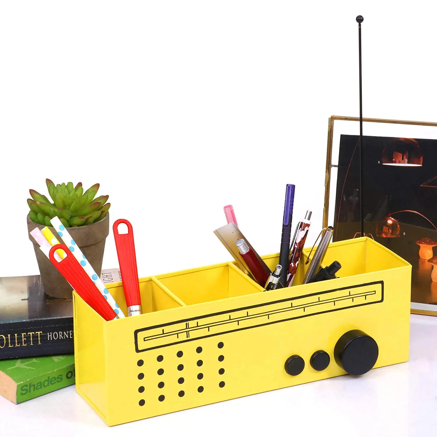 Elan Radio Desk Organizer, 4 Compartments, Pen and Makeup Stand (Yellow)
