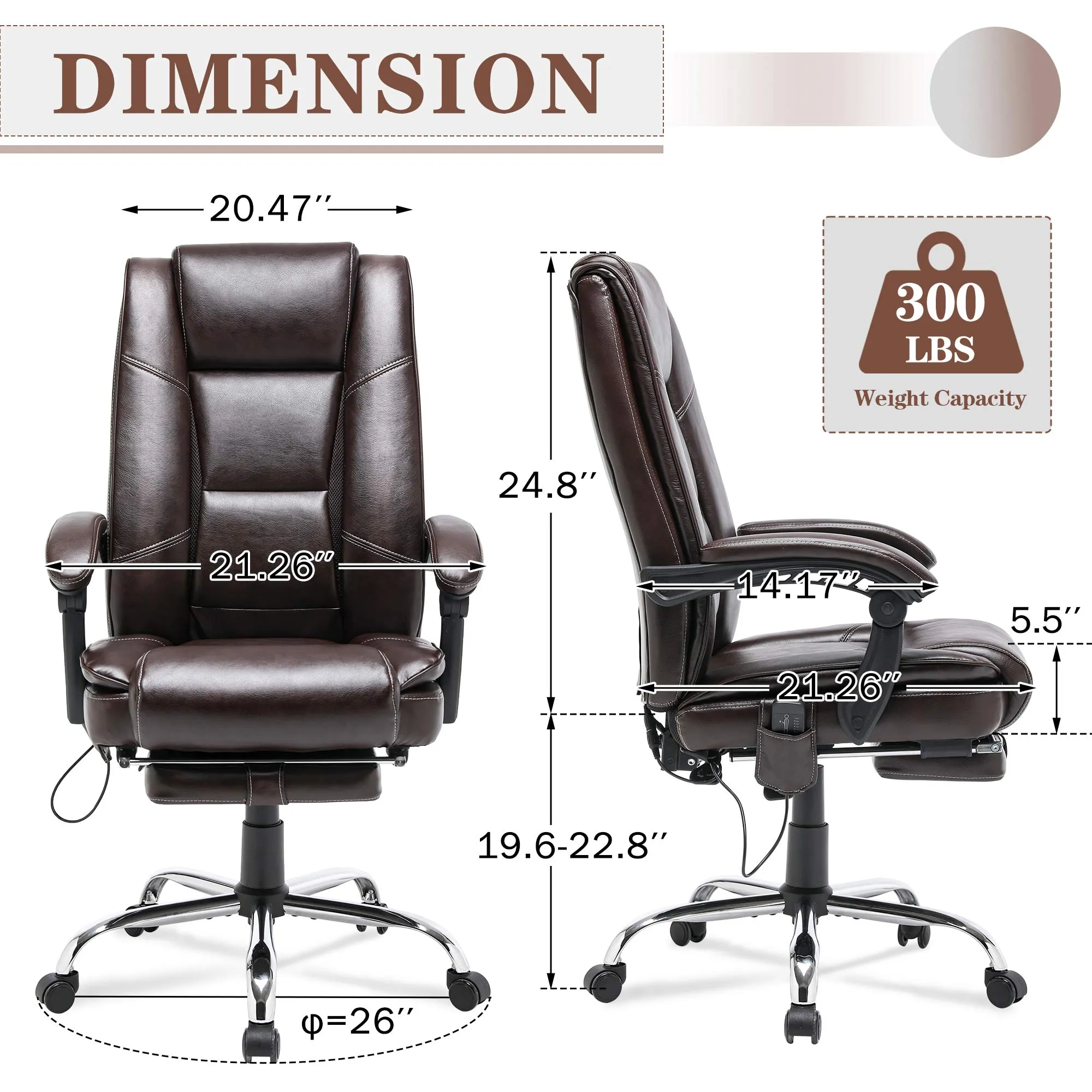 Ergonomic Adjustable Height Massage and Heated Executive Office Chair Brown