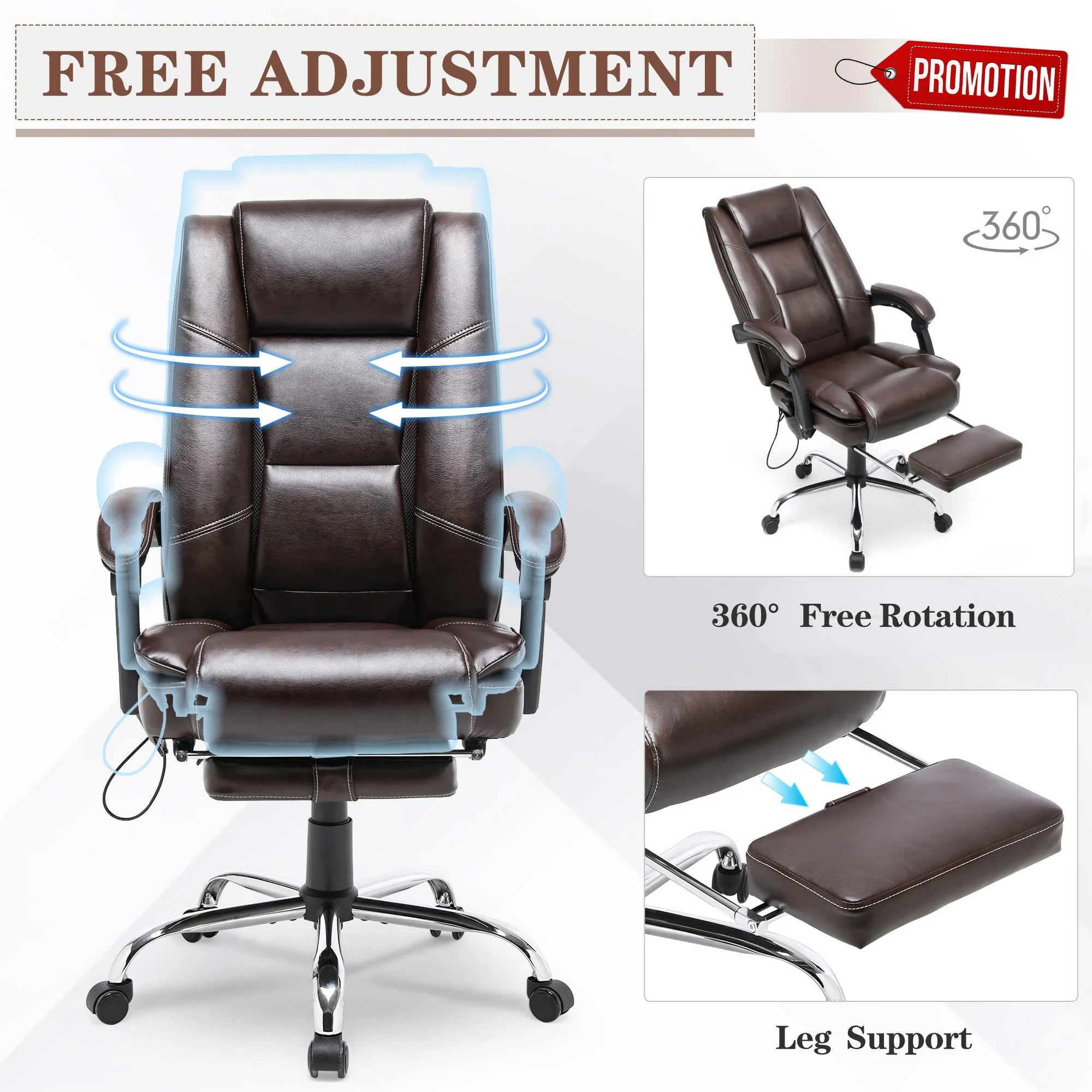 Ergonomic Adjustable Height Massage and Heated Executive Office Chair Brown