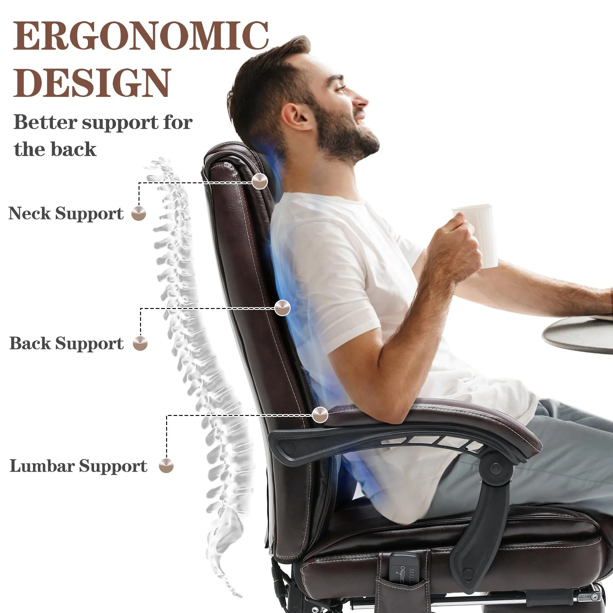 Ergonomic Adjustable Height Massage and Heated Executive Office Chair Brown