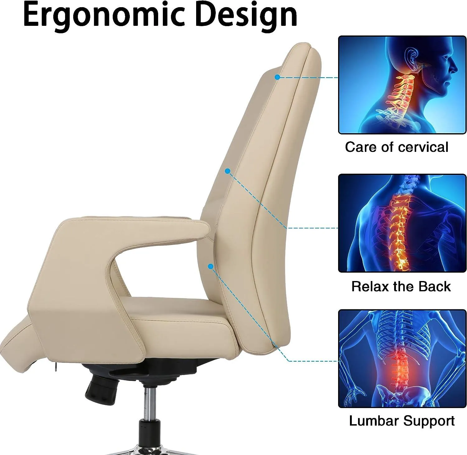 Executive Office Chair Ergonomic Leather Chair with Padded Armrests Lumbar Support