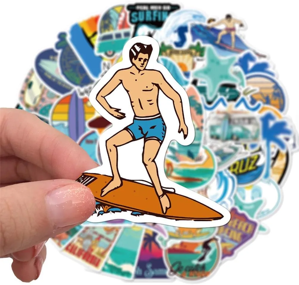 Go Surfing Stickers| 50 Pcs Summer Water Sports Waterproof Vinyl Stickers for Surfboard Water Bottles Bicycle Laptop Refrigerator Luggage Computer Mobile Phone Skateboard Bike Decals