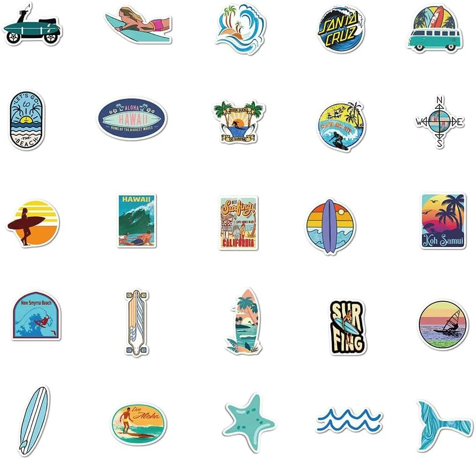 Go Surfing Stickers| 50 Pcs Summer Water Sports Waterproof Vinyl Stickers for Surfboard Water Bottles Bicycle Laptop Refrigerator Luggage Computer Mobile Phone Skateboard Bike Decals