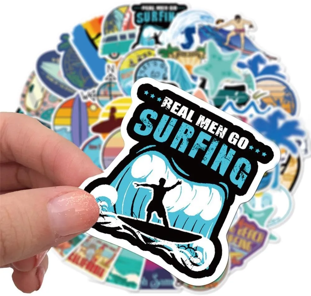 Go Surfing Stickers| 50 Pcs Summer Water Sports Waterproof Vinyl Stickers for Surfboard Water Bottles Bicycle Laptop Refrigerator Luggage Computer Mobile Phone Skateboard Bike Decals