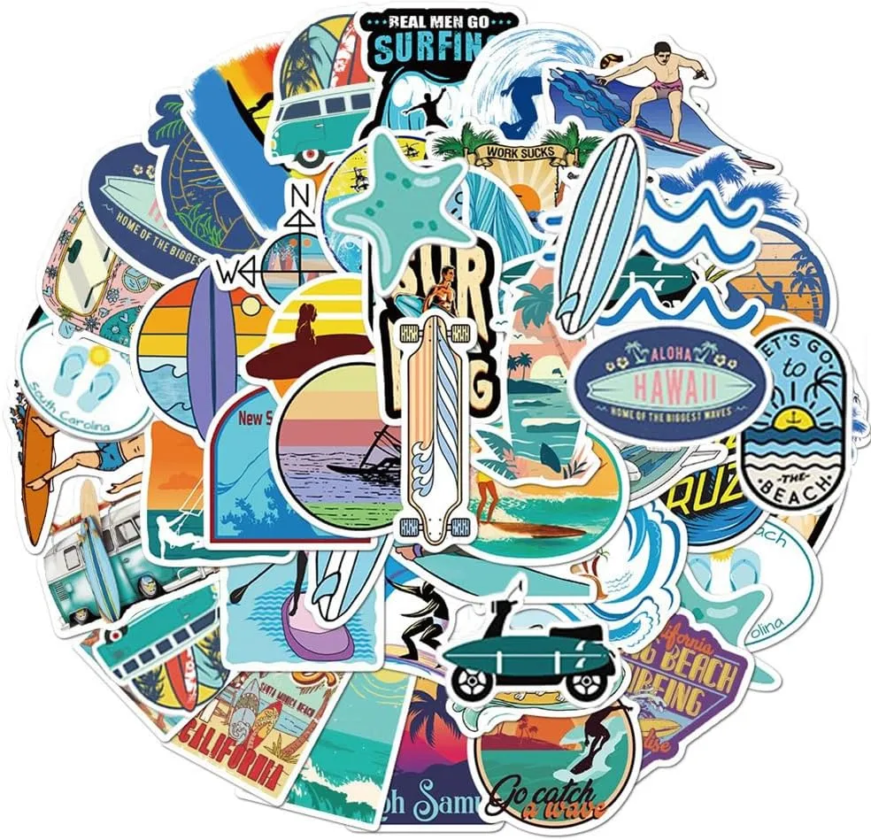 Go Surfing Stickers| 50 Pcs Summer Water Sports Waterproof Vinyl Stickers for Surfboard Water Bottles Bicycle Laptop Refrigerator Luggage Computer Mobile Phone Skateboard Bike Decals