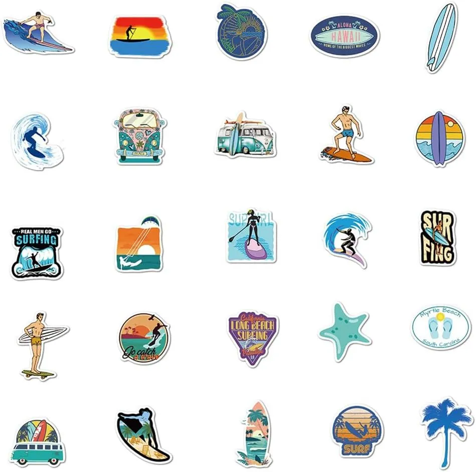 Go Surfing Stickers| 50 Pcs Summer Water Sports Waterproof Vinyl Stickers for Surfboard Water Bottles Bicycle Laptop Refrigerator Luggage Computer Mobile Phone Skateboard Bike Decals