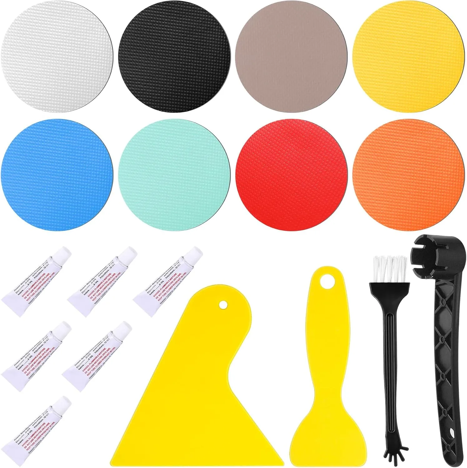 Inflatable Boat Repair Kit Include 8 x PVC Patch, 1 x Valve Wrench, 1 x Brush, 2 x Repair Shovel and 6 x 3g Glue, Rubber Patch Set for Raft Boat Canoe Kayak