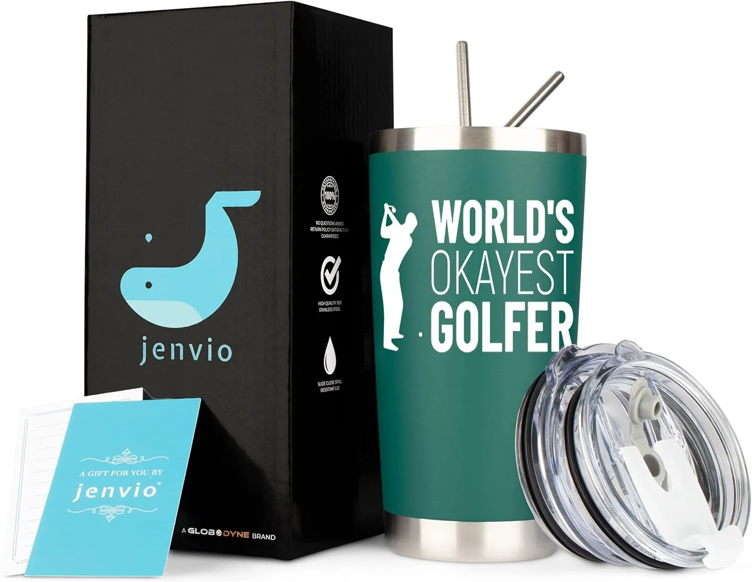 JENVIO Golf Gifts for Men | Worlds Okayest Golfer | Stainless Steel Travel Tumbler Mug w 2 Lids and 2 Straws and Gift Box | Funny Unique Idea Gag Cup Dad Husband Retirement Valentine's Day