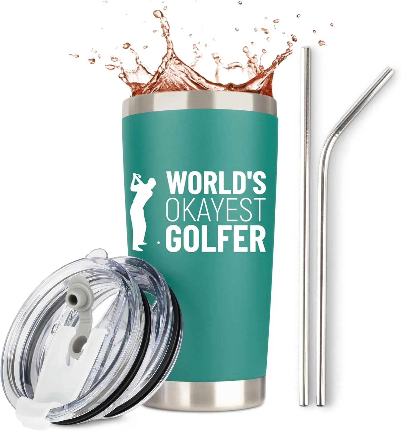 JENVIO Golf Gifts for Men | Worlds Okayest Golfer | Stainless Steel Travel Tumbler Mug w 2 Lids and 2 Straws and Gift Box | Funny Unique Idea Gag Cup Dad Husband Retirement Valentine's Day