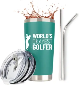 JENVIO Golf Gifts for Men | Worlds Okayest Golfer | Stainless Steel Travel Tumbler Mug w 2 Lids and 2 Straws and Gift Box | Funny Unique Idea Gag Cup Dad Husband Retirement Valentine's Day