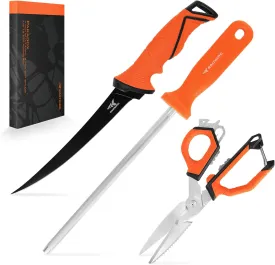 KastKing Paradox Fishing Tool, Complete Fish Clean & Prep Set, 7" Fillet Knife, 9" Multi-Purpose Bait Shears, and 12" Honing Rod, Durable Stainless Steel, with Non-Slip Handles and Custom Sheaths