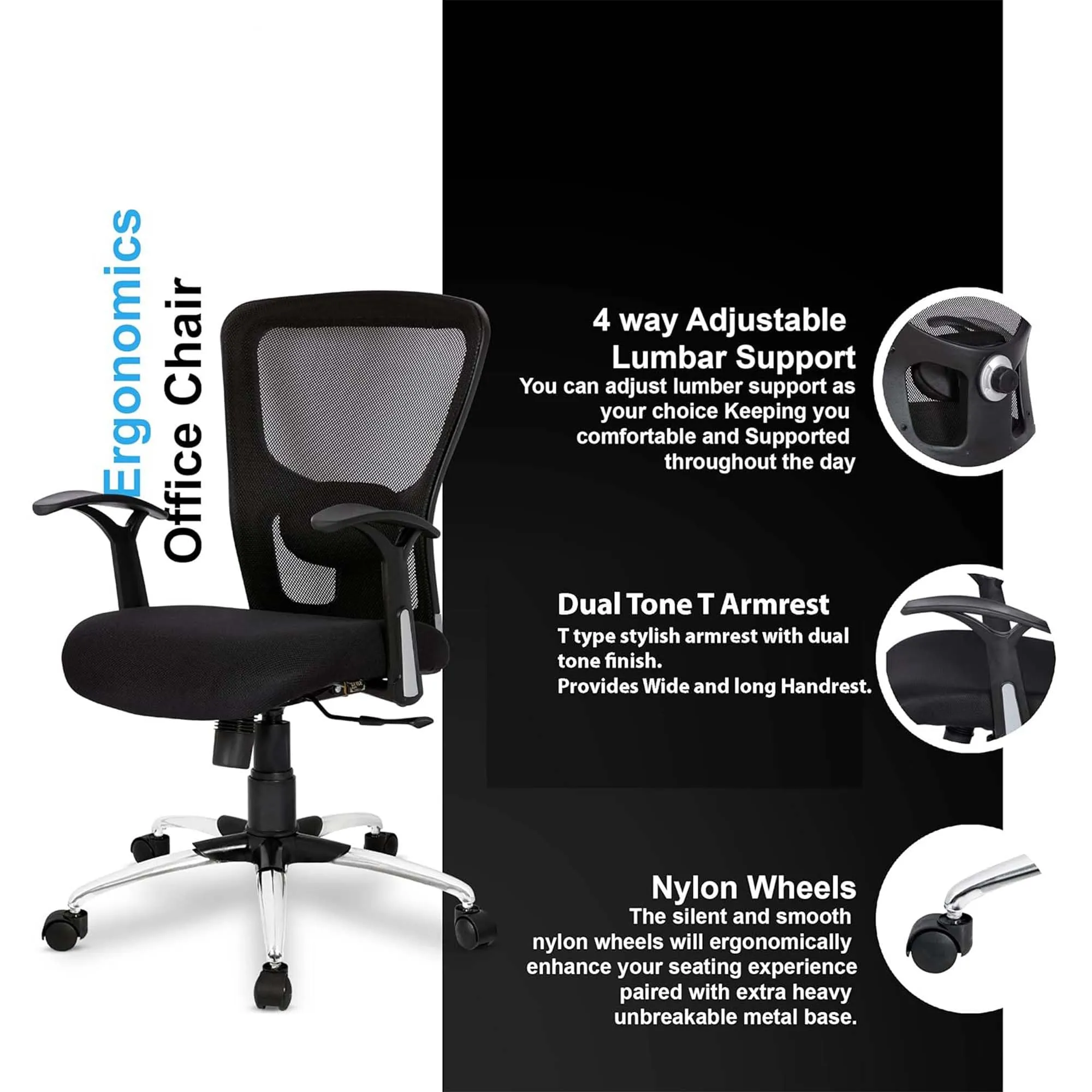 Kuber Industries Ergonomic Office Chairs for Work from Home | Comes with Manual Height Adjustable, Armrest & Adjustable 2D Lumbar Support | Comfy Study Chair for Students with Wheels | Black