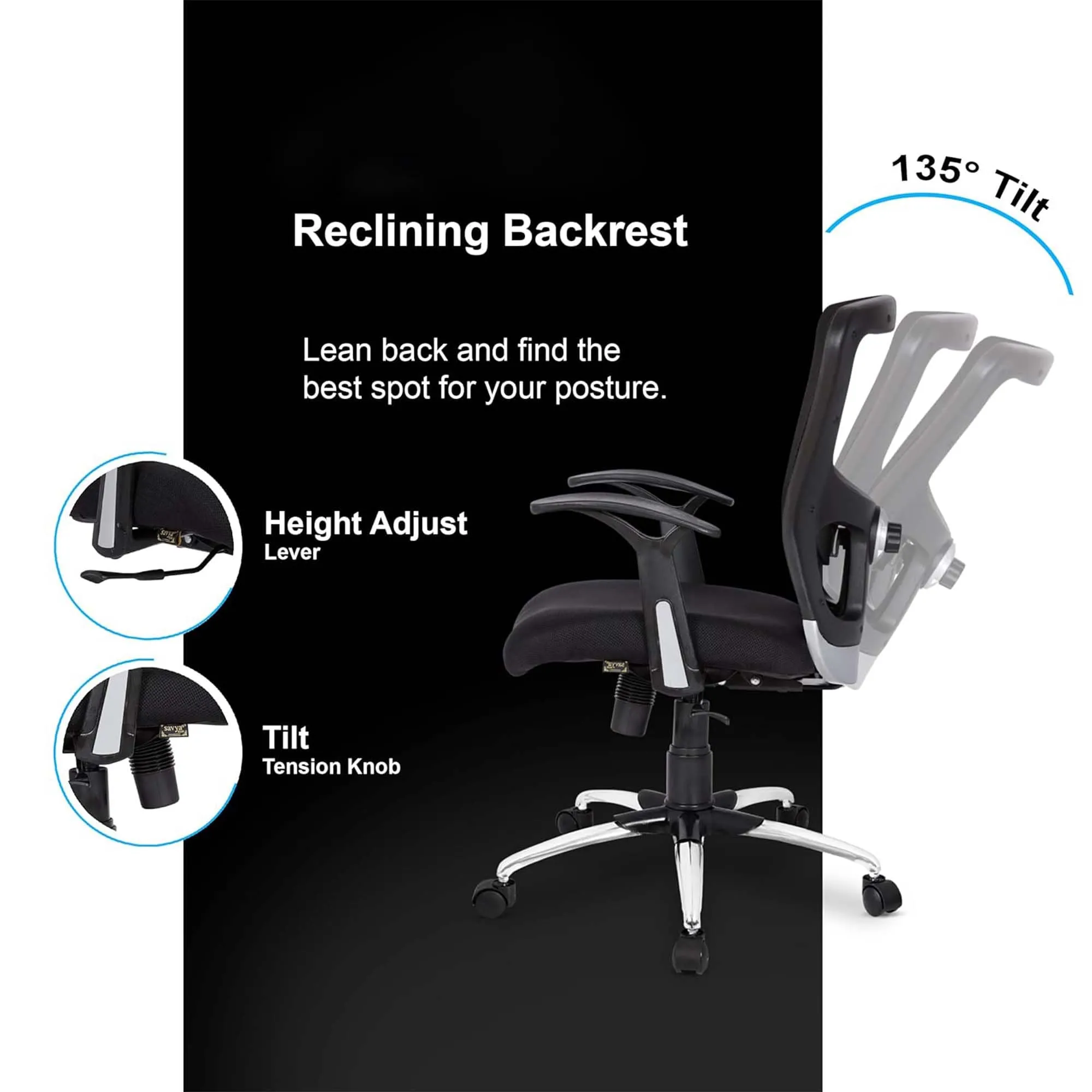 Kuber Industries Ergonomic Office Chairs for Work from Home | Comes with Manual Height Adjustable, Armrest & Adjustable 2D Lumbar Support | Comfy Study Chair for Students with Wheels | Black