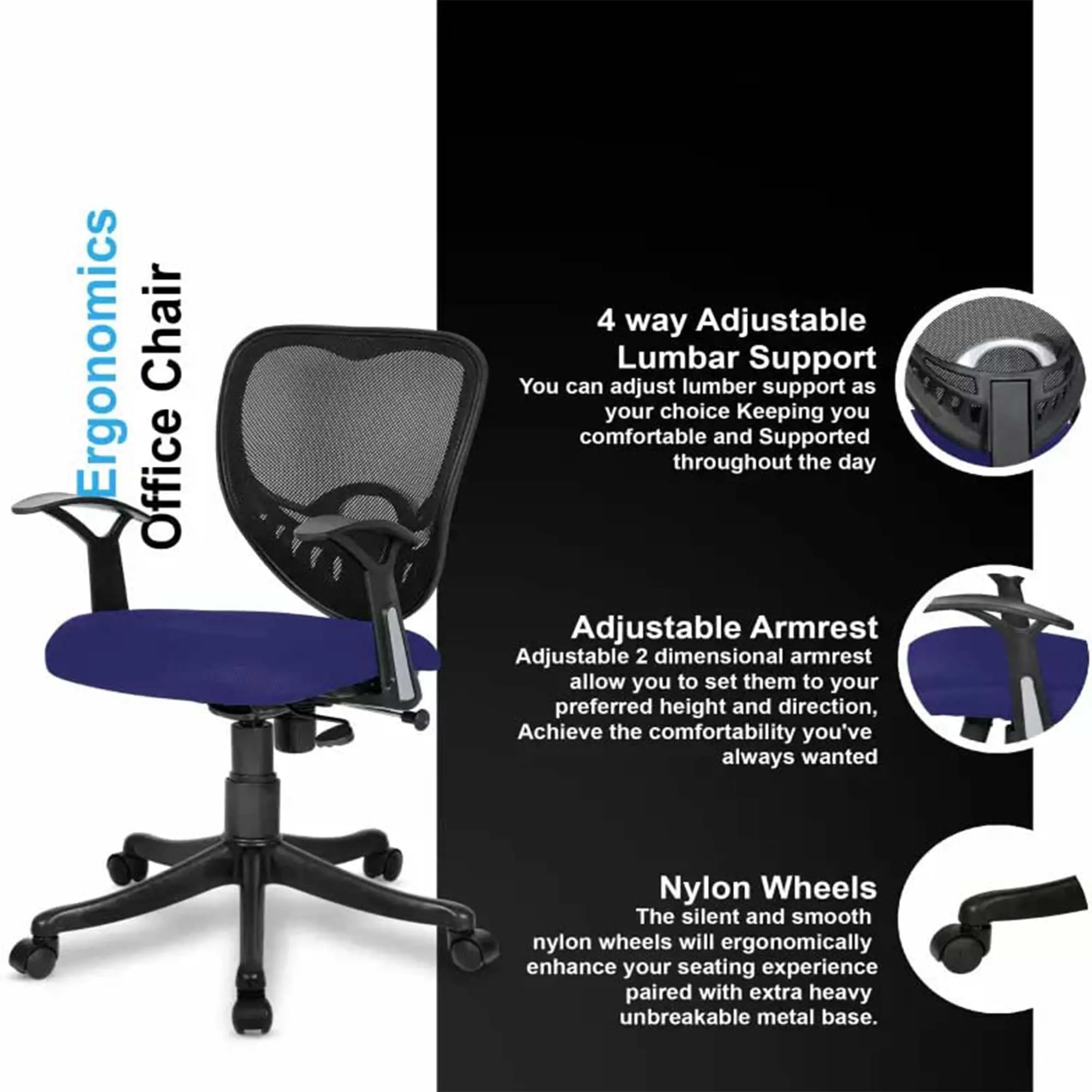Kuber Industries Ergonomic Revolving Office Chairs for Work from Home | Comes with Manual Height Adjustable, Armrest & Lumbar Support | Comfy Study Chair for Students with Wheels | Black & Blue Seat