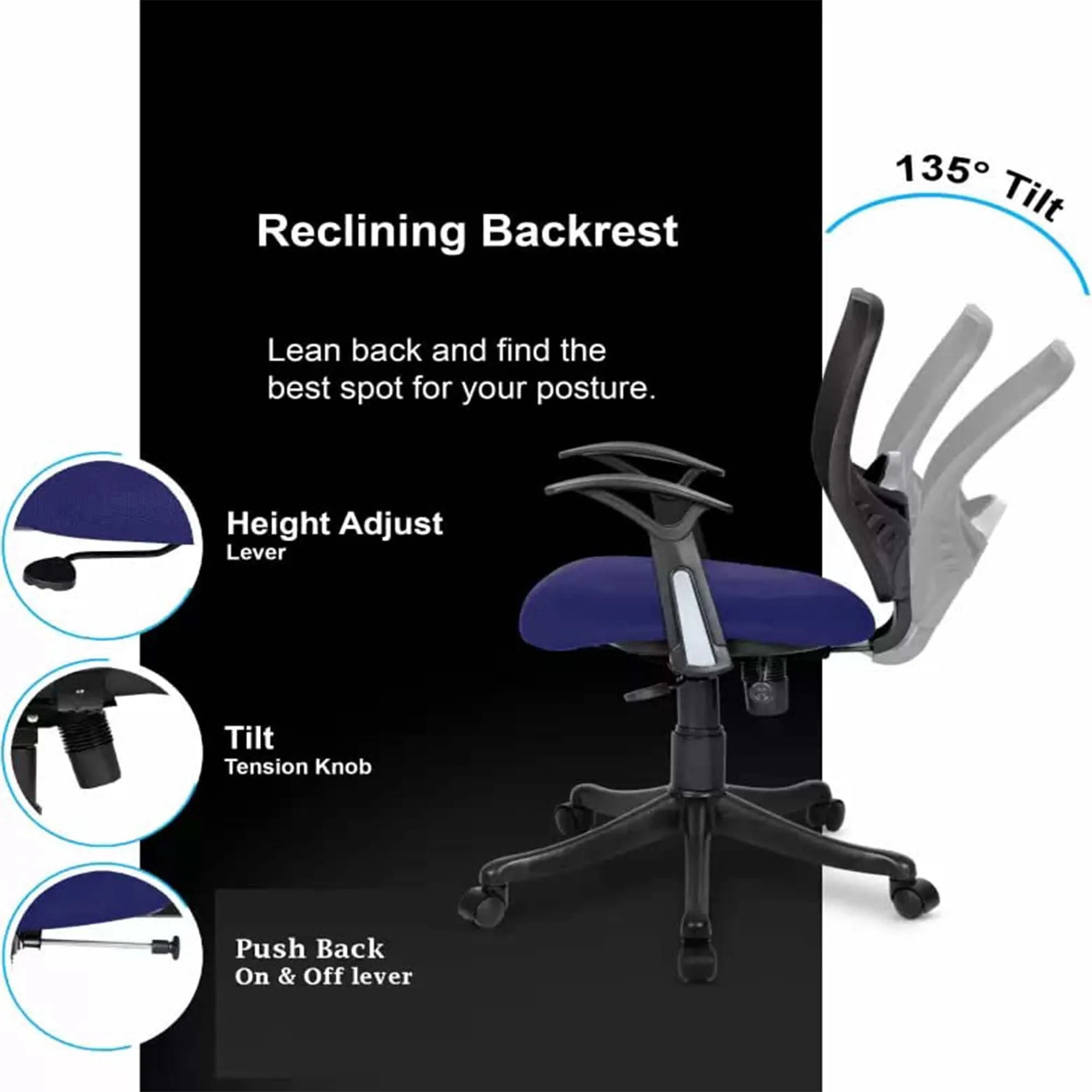 Kuber Industries Ergonomic Revolving Office Chairs for Work from Home | Comes with Manual Height Adjustable, Armrest & Lumbar Support | Comfy Study Chair for Students with Wheels | Black & Blue Seat