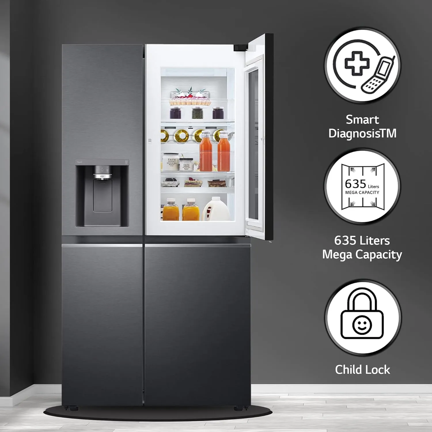 LG GL-X257AMCX 635 L Frost-Free Inverter Wi-Fi InstaView Door In Door UVnano Side-By-Side Refrigerator with Water Dispenser (Matte Glass, Door Cooling  with Hygiene Fresh)