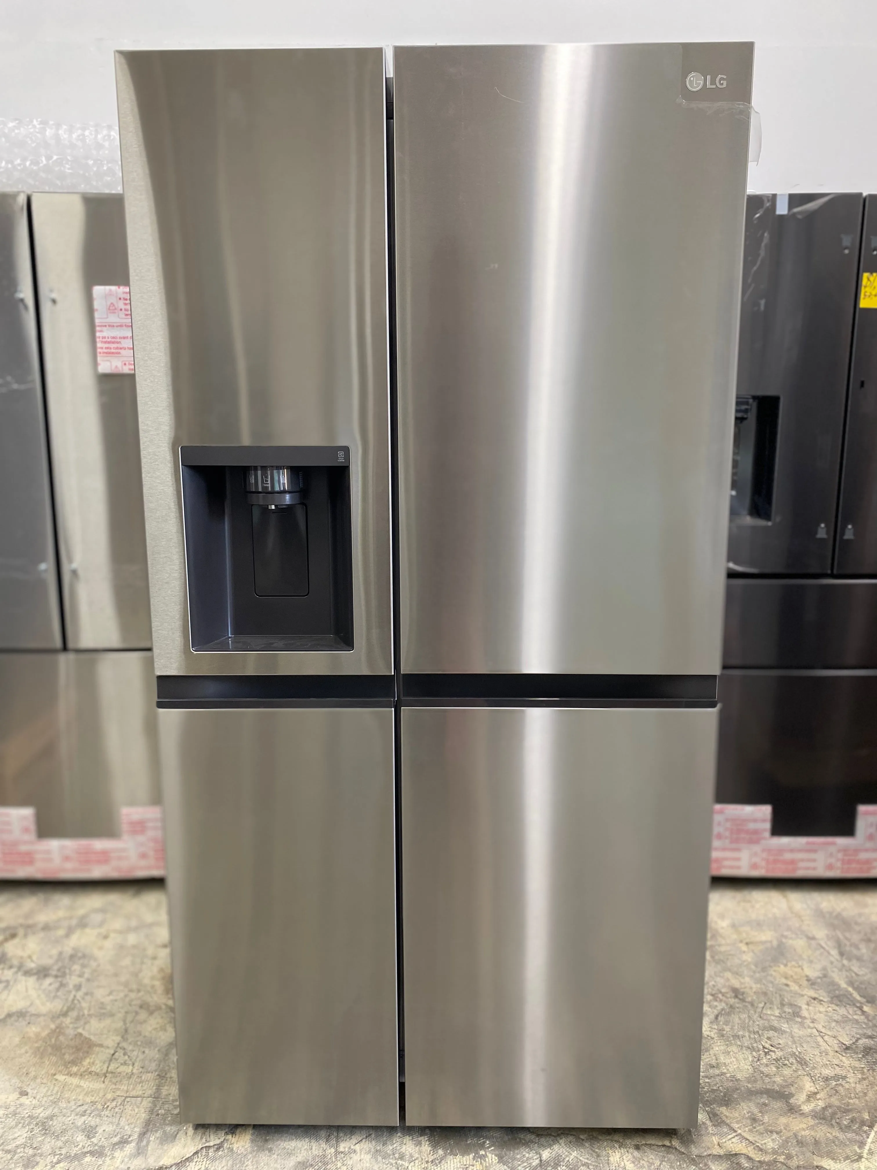 LG LRSXS2706S 36 Inch Freestanding Side by Side Refrigerator with 27.16 Cu. Ft. Total Capacity, Interior Display Controls, Door Cooling , Smooth Touch Ice Dispenser, SpacePlus™ Ice Maker, and ENERGY STAR® Certified: PrintProof™ Stainless Steel