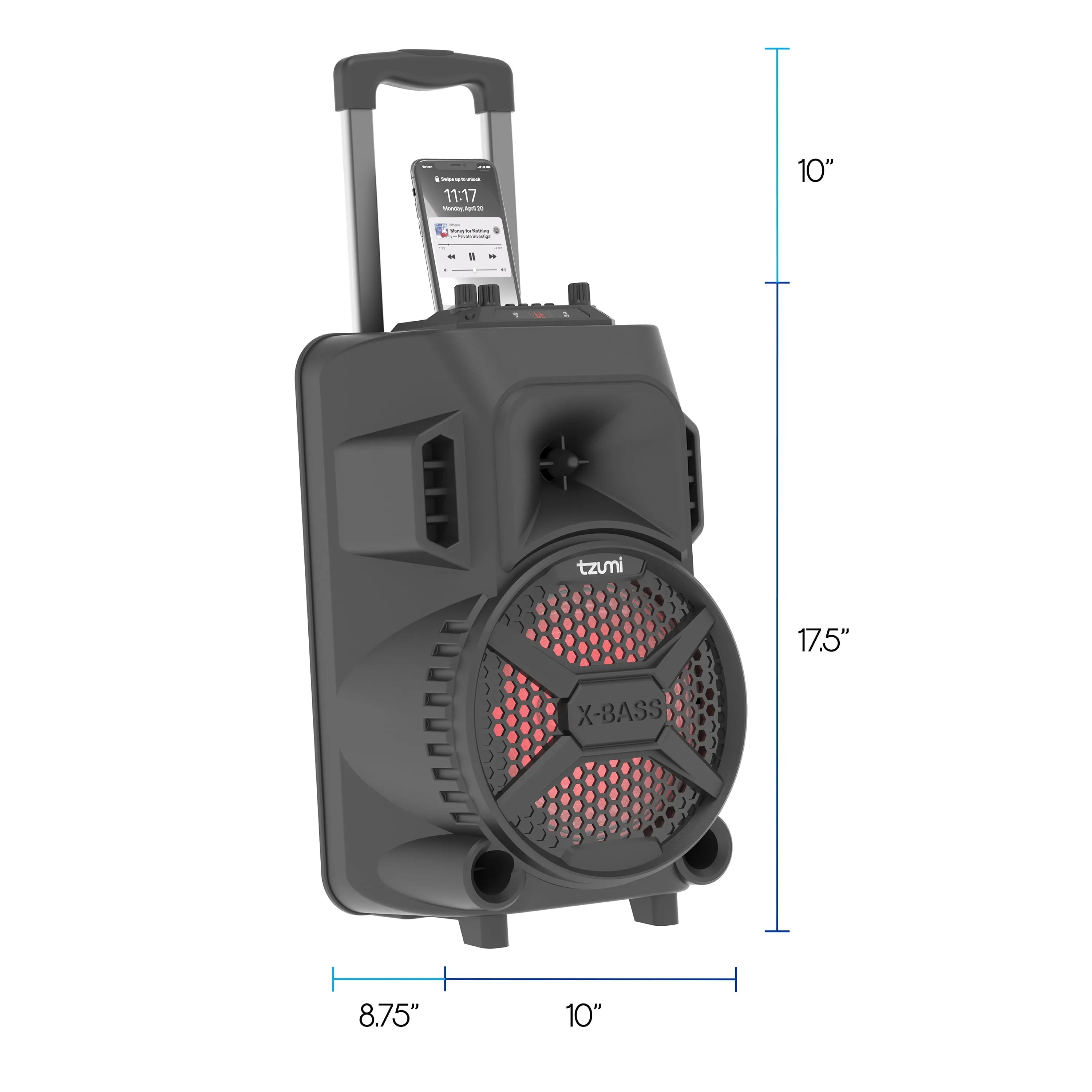 MegaBass LED Jobsite Speaker, Rechargeable Bluetooth Party Speaker with 8in. Subwoofer and Microphone