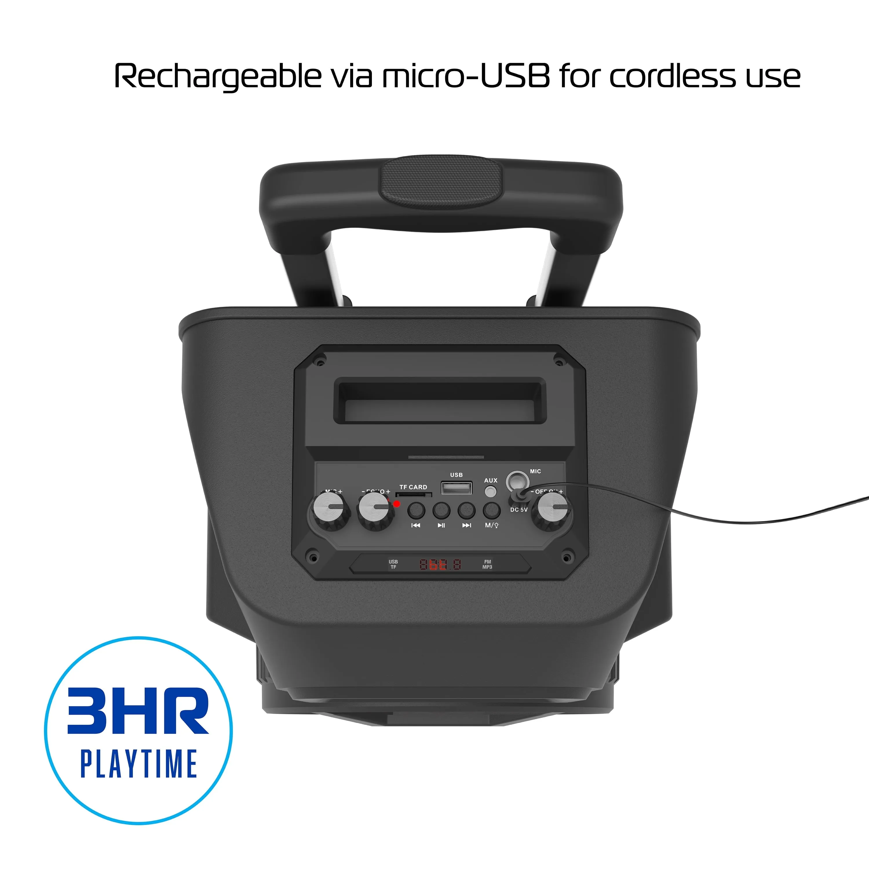 MegaBass LED Jobsite Speaker, Rechargeable Bluetooth Party Speaker with 8in. Subwoofer and Microphone