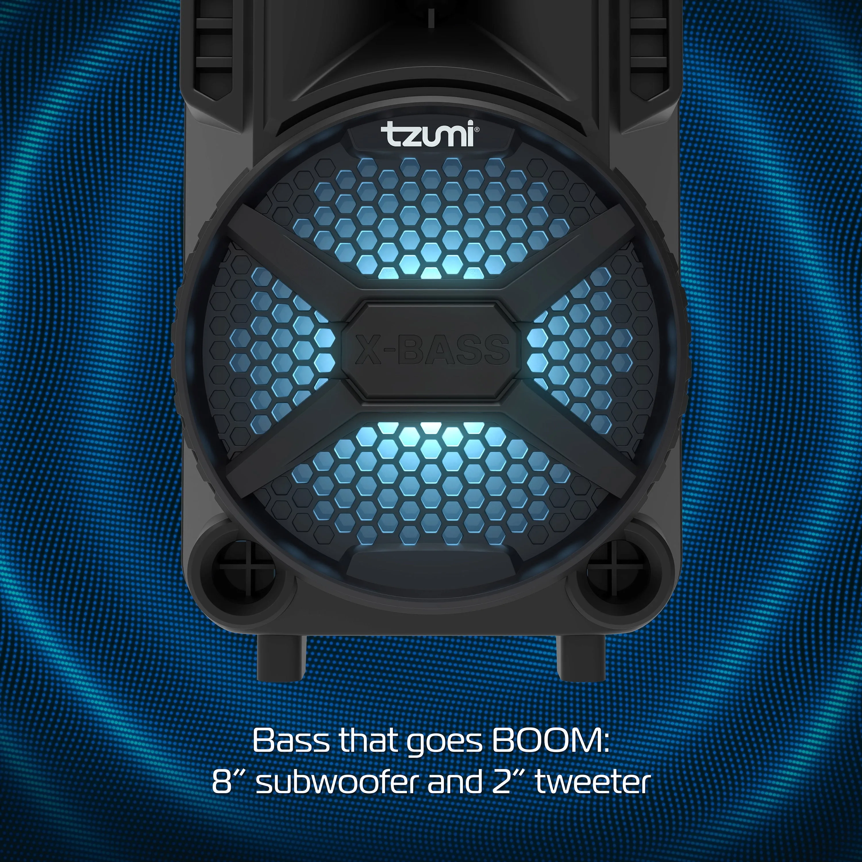 MegaBass LED Jobsite Speaker, Rechargeable Bluetooth Party Speaker with 8in. Subwoofer and Microphone