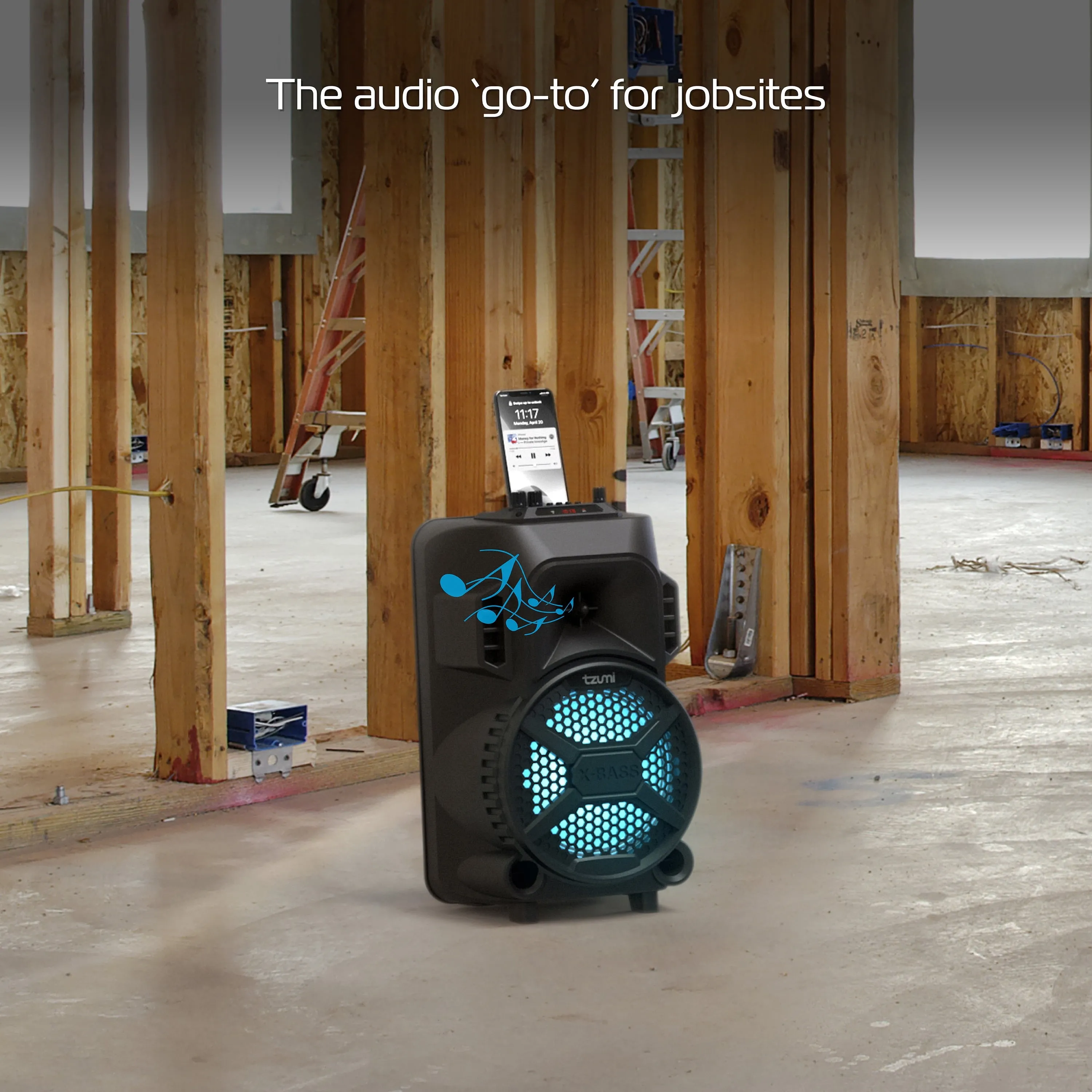 MegaBass LED Jobsite Speaker, Rechargeable Bluetooth Party Speaker with 8in. Subwoofer and Microphone